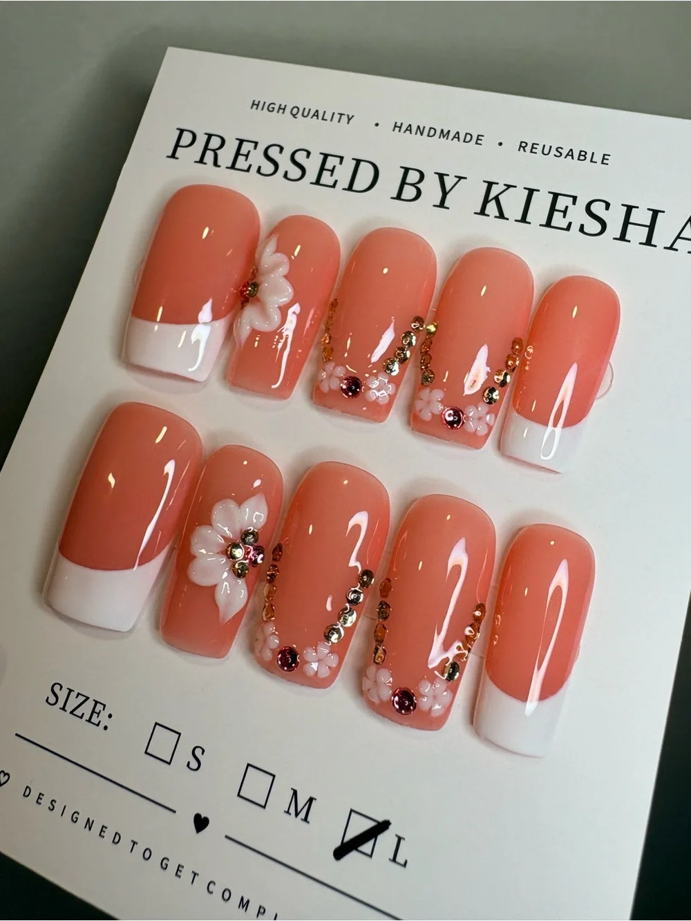 Peach Pink Floral Rhinestone Press-On Nails